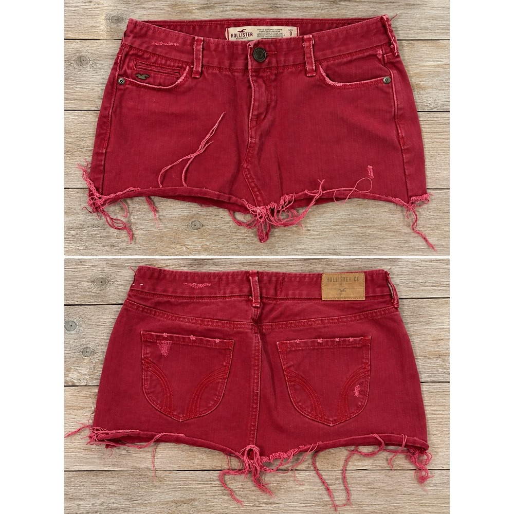 Y2K Hollister Red Distressed Denim Mini Skirt Low Rise 0 Fall 2000s Grunge Indie